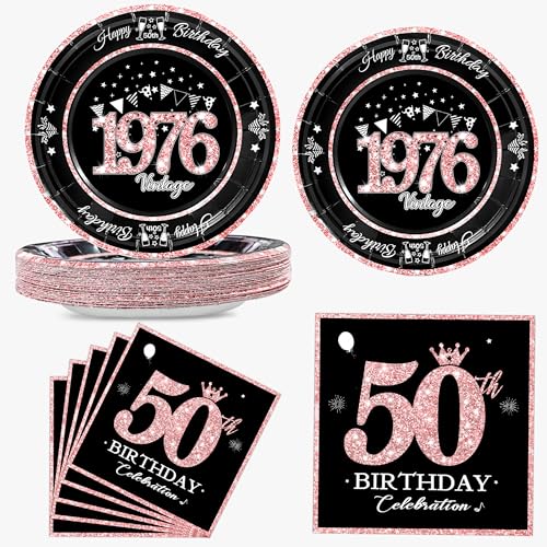 algpty 60 PCS Vintage 50th Birthday Plates and Napkins Set 50th Birthday Decorations Rose Gold Service for 30 1976 Birthday Dessert Plates and Napkins Party Supplies for Women