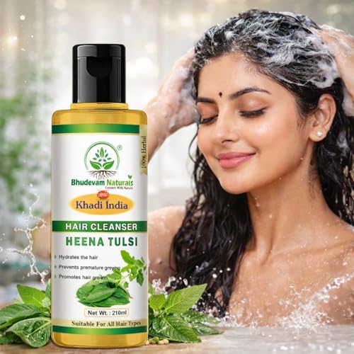Image of Bhudevam Natural Khadi Henna & Tulsi Shampoo Natural Hair Care for Strength & Shine | Promote Hair Growth & Protect Hair Scalp Suitable for All Hair Types- Pack of 2