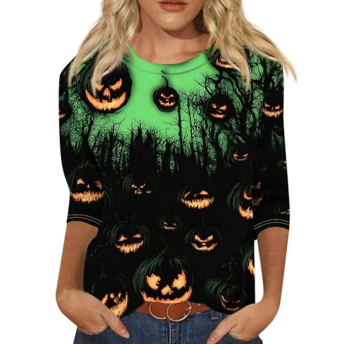 Image of Women Spooky Halloween Graphic Shirt 3 /4 Length Sleeve Crewneck Top | Halloween Funny Printed Pumpkin Plus Size Tshirts 2026 Fall Outfits Skeleton Tee Going Out Tops