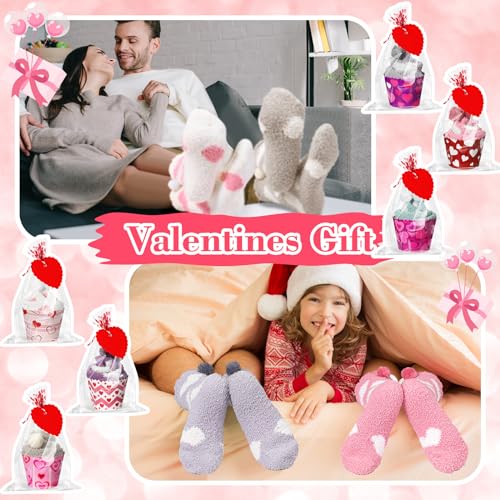 Image of 6 Pairs Valentine's Day Cupcake Socks Fuzzy Sock with Cupcake Card DIY Gift Slipper Stockings for Winter Women Men