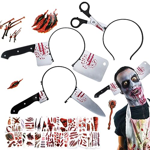 Sprinlot 4 Pezzi Fascia Halloween, Fascia Horror con Forbici Coltelli, Adesivi per Tatuaggi Horror, Accessorio per Fasce per Halloween Carnevale Mascherato