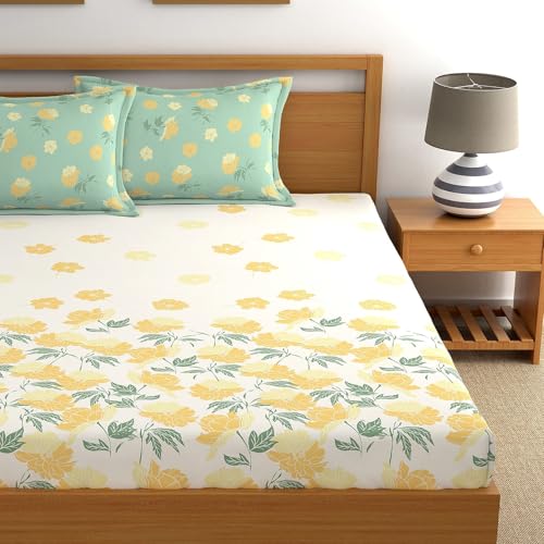 Image of Dreamscape 100% Cotton Queen Fitted Bedsheet with 2 Pillow Covers - (Size 60 x 78 inches, 140 TC, Colour - Beige)