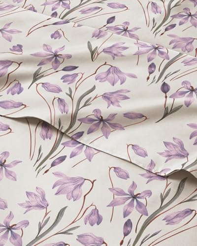 Image of Queen 4 Piece Boho Botanical Floral Sheet Set - Breathable & Cooling - Iris | 1 Flat, 1 Fitted & 2 Pillowcases w / Deep Pockets, Boho Botanical Floral Bedding, Breathable & Cooling, Wrinkle & Fade Free