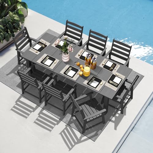 LOUNZY 9 Pieces Patio Dining Sets, Outdoor HDPE Furniture Set for 8 w/ 2" Hole Cut-Out Dining Table with 8 Patio Chairs for Pool, Lawn and Garden,Gray 9 Dining Sets Grey