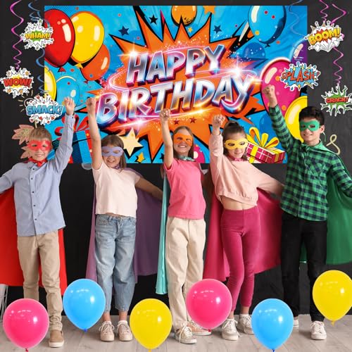 Image of Crenics Comic Theme Birthday Decorations - Colorful Happy Birthday Backdrop, Banner, Hanging Swirls, Honeycomb Centerpieces and Balloons for Hero Themed Party Supplies