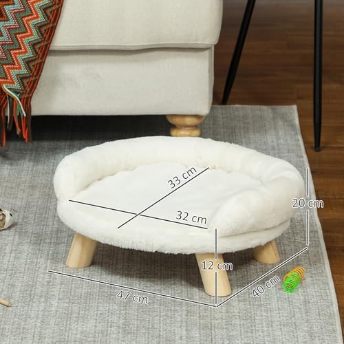 PawHut Katzensofa Hundesofa aus Plüsch Hundebett mit Rückenlehne, Holzbeine, Hundecouch mit weicher Polsterung für Katzen miniaturhunde Hunde 47 x 40 x 20 cm Cremeweiß