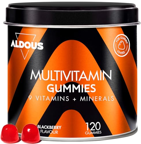 Gominolas Multivitaminas - 120 Gummies sabor natural Mora - 12 vitaminas y minerales - Todas las Vitaminas C, D, B12, E, A, B6, B5, Biotina, Ácido Fólico, Zinc, Yodo, Colina - ALDOUS