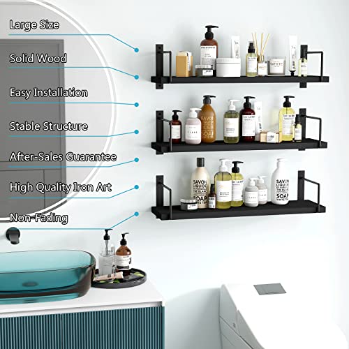 Image of Floating Shelves, 24 Inches Easy to Install Wall Mounted Shelves, Set of 3, Rustic Wood Shelves for Wall Decor, Storage Shelves for Living Room (Black)