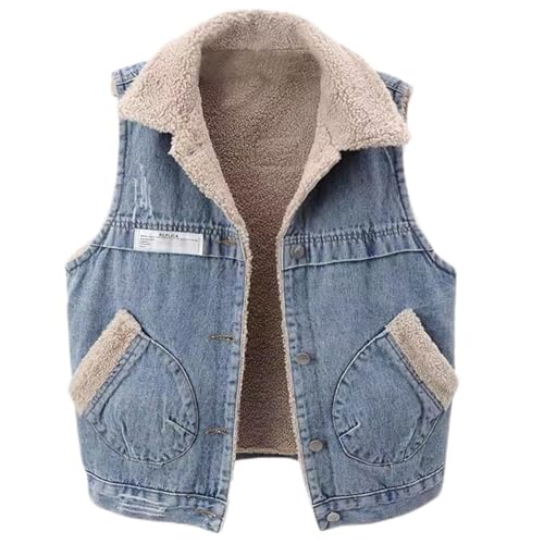 Uillui Women's Distressed Fleece Lined Denim Vest Loose Sleeveless Jean Waistcoat Winter Warm Sherpa Lined Denim Jacket
