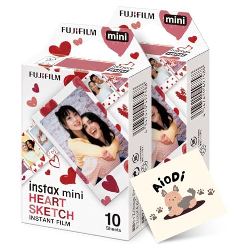 Fujifilm Instax Mini Heart Sketch Instant Camera Film: 20 Shoots Total, (10 Sheets x 2) - Capture Memories Anytime, Anywhere - AIODI Sticker Included