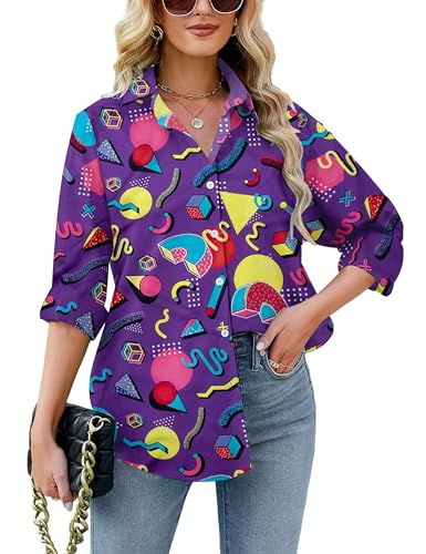 Image of ASTANFY Hawaiian Shirt Women Hawaii T-Shirt Tropical Floral Printed V Neck Shirts Soft Cool Summer Beach Button Up Blouse