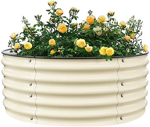 Nossta 17" Tall Metal Raised Garden Bed 42" Round Outdoors Galvanized Planter Raised Bed Box with Anti-Rust Paint for Planting Vegetables and Herb(Ivory)