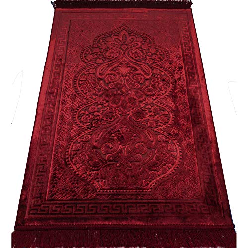 Modefa Velvet Islamic Prayer Rug with Prayer Beads Turkish Janamaz Sajadah Floral Luxury Plush Paisley (Red)