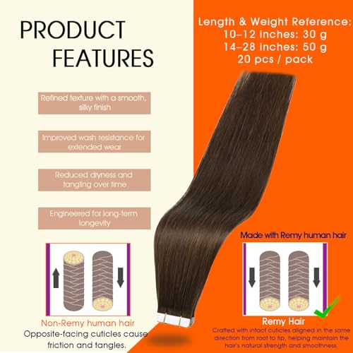 Image of Full Shine Tape In Hair Extensions Human Hair,4A Dark Chestnut Brown,16Inch 50G 20Pcs,Natural Looking Seamless Hair Extensions Tape in,Invisible Blend for Fuller Hair,Thick End Long Lasting Appeal