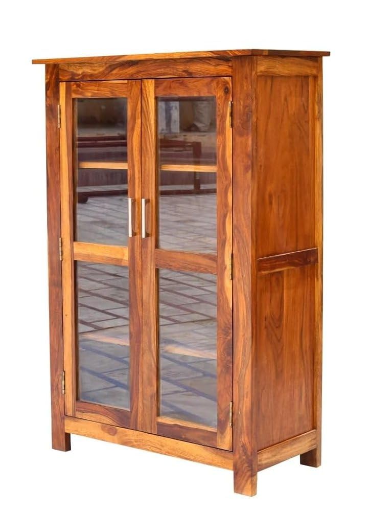Image of DADDYFURNITURE? Solid Sheesham Wood Kitchen Cabinet Display Rack with 3 Shelf for Living Room | Solid Wood Bookcase for Home Furniture. (Honey Teak)