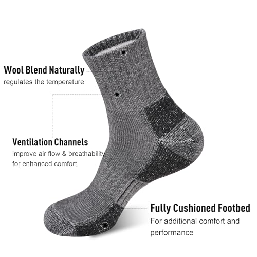 ECOEY Men's Merino Wool Cushioned Hiking Trekking Socks 4 Pairs, Quarter Length with Moisture Wicking2