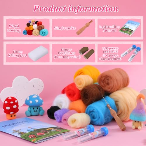 Image of UOOU Needle Felting Kit,Mushroom Needle Felting Beginners Kit,Needle Felting Supplies,Wool Roving,Instruction Manual,Wool Felting Kit for DIY Craft Decoration