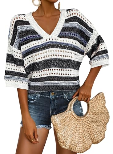 Image of Acelitt Crochet Tops for Women Summer Short Sleeve Sweater | Boho Striped Knit Top, 3 /4 Sleeve, Hollow Out Oversized Sweaters, Lightweight Blouses, Spring Fall Outfits for Beach Vacation
