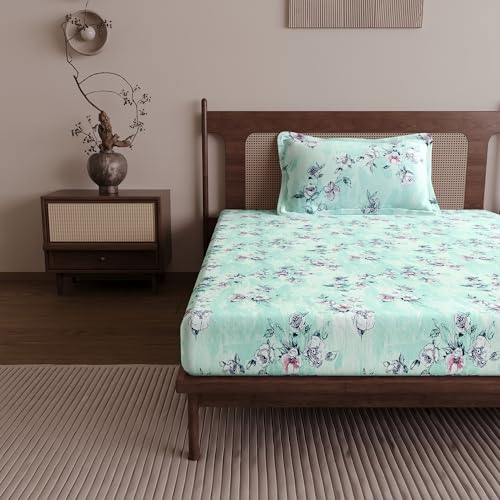 Image of Divine Casa 144 TC Cotton Single Bedsheet with 1 Pillow Cover | Soft Breathable Bedsheet for Single Bed | Modern Printed Bed Sheet Set for Bedroom & Guest Room | 145 x 223 cm (Mint Green, Floral)