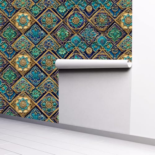 Image of Spring Summer Moroccan Tile Wall Decals, Blue Gold Mosaic Peel and Stick Wallpaper for Home Refresh, Boho Mural for Spring Cleaning Decor, Mother's Day, 39.37x15.75 Inch