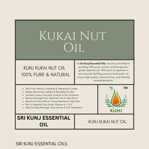 Image of KUNJ Kukui Nut Oil (Aleurites moluccanus) 10ML - 100% Pure & Natural, Cold Pressed, Undiluted - Therapeutic Grade Carrier Oil for Skin Care, Hair Nourishment & Hydration