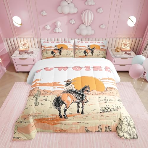 Erosebridal Bettwäsche-Set mit Western-Cowgirl-King-Size-Bett, Wildwest-Pferde-Bettwäsche-Set für Mädchen, Kinder, Damen, Sonnenuntergang, Kaktus, Vintage-Steppdecke, rustikales Landhaus