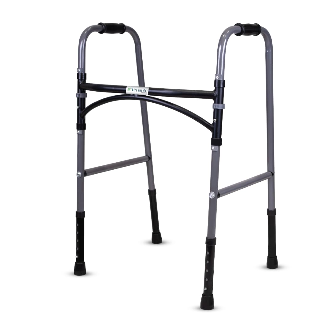 Venante Lightweight 100kg Capacity (Mild Steel Frame) U-Shaped Bar Foldable Walking Aid, Adjustable Height Walker, Premium Grade Rubber Shoes (Grey)-image-5