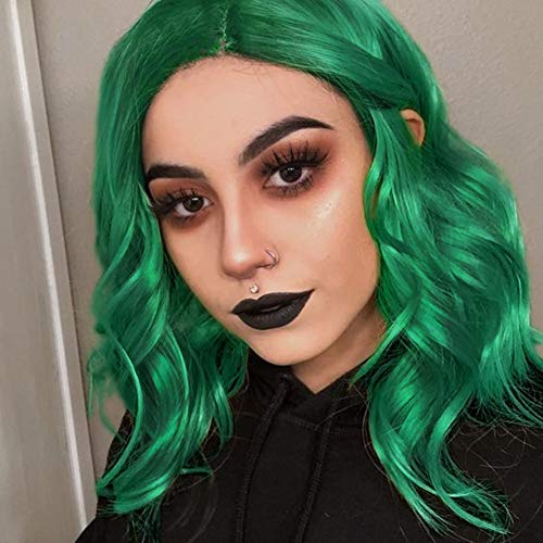 WIGER Ombre Wig Green Hair Short Bob Wavy Curly Wigs Synthetic Costume Cosplay Halloween Party Wigs Heat Resistant Side Part Bob Wig for Women