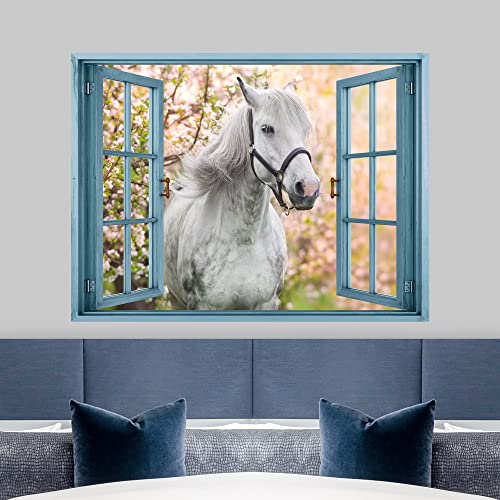 Wall26 Removable Wall Sticker/Wall Mural Window View Majestic White Stallion Horse Forest Animals Nature Photography Realism Wildlife Wilderness Portrait For Living Room, Bedroom, Office - 24"X32" #TOP28