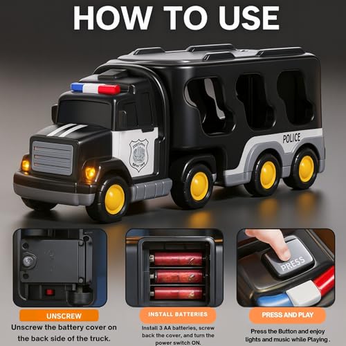 Image of GRAPHENE 5 in 1 Friction Powered Police Truck Toy Car Set for Boy 3-10 Years Transport Vehicle Montessori Carrier Educational Light Music Pullback Monster Truck Mini Helicopter Taxi Playset Gift