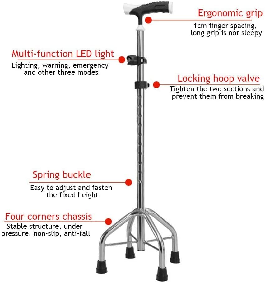 Stampelle telescopiche antiscivolo Stampella per camminare Bastone per anziani Quattro gambe Multifunzione Regolabile in altezza Quattro angoli Personale per disabili Ausili per deambulazione per
