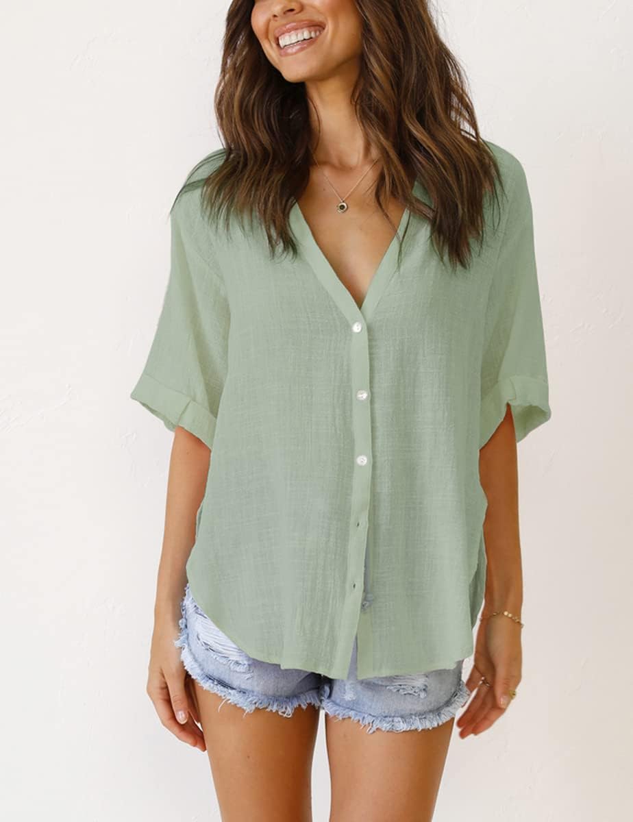 Womens Button Down Linen Shirts V Neck Roll Up Cuffed Sleeve Blouses Loose Collared Shirt Casual Formal Work Office Tops - Image 2