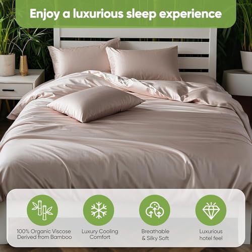 Image of TWK Luxury Sheet Set, Genuine 100% Organic Viscose Derived from Bamboo, Cooling & Breathable, Silky Soft, Bedding Sheets & Pillowcases (Sand, King)