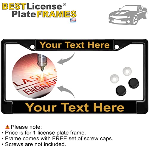 Image of Custom Personalized Black Powder-Coated Metal Laser Engraved Standard Size - Car /Automobile License Plate Frame with Free caps - Black /Gold Text (Qty: 1 Frame)