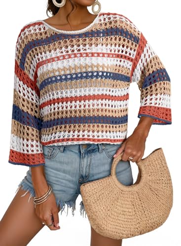 Dokotoo Summer Tops for Women Crochet Knitted Hollow Out Off The Shoulder Sweater Striped Color Block 3/4 Sleeve Casual Loose Shirts Fashion Cruise Outfits Beach Vacation Clothes 2026 Beige Medium