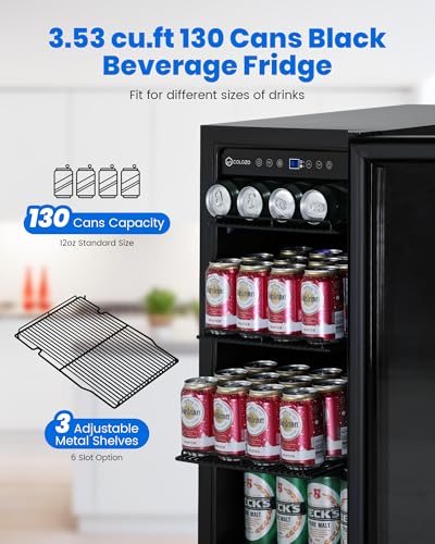 Image of 15 Inch Black Beverage Refrigerator Under Counter, 130 Cans Built-in /Freestanding Beverage Cooler, Mini Bar Fridge with Double Tempered Glass Door&Lock, Beverage Fridge for Drink Beer Soda Wine