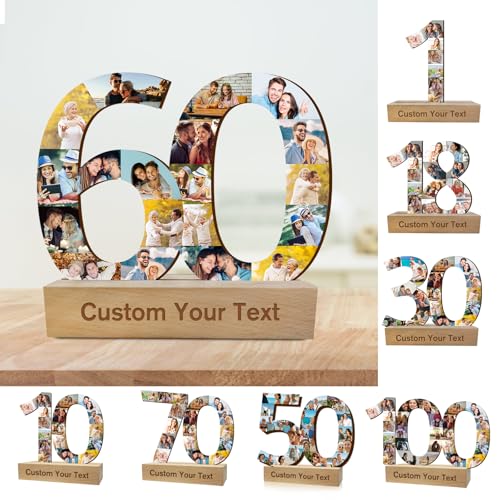 Akmxem Collage Photo Personnalisé avec Numéro, Cadre Photo Personnalisé avec base en bois Cadeau pour Anniversaire de Mariage, Noël, Anniversaire, Décoration d'intérieur - 8 12 en option
