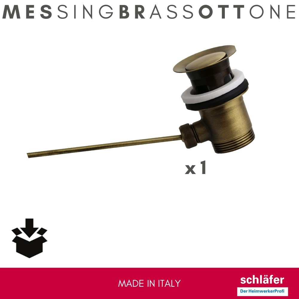 Schläfer 40510210 | Piletta Universale con Tappo Saltarello in Metallo Pesante per Scarico Lavabo Bagno e Bidet 1"1/4 con Troppopieno. Finitura Bronzo Antico, Vecchio Ottone