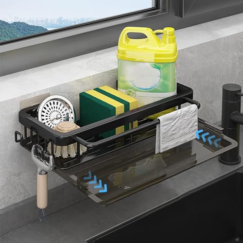 ZIGefofo Organizador para Fregadero Colgante Sin Perforar con Ganchos Adhesivos y Tornillos Multifuncional 2 en 1 Porta Sponja Fregadero para Artículos de Tocador Utensilios de Cocina - Negro