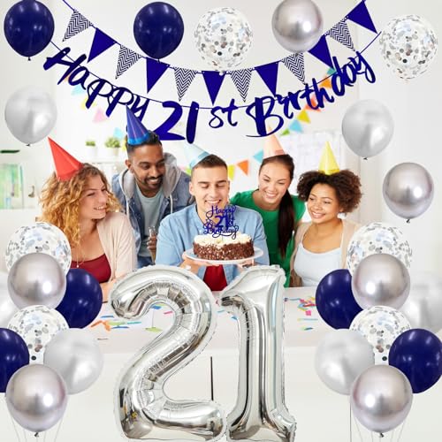 Image of 21st Birthday Decorations for Him Her, Happy 21st Birthday Banner with Blue Silver 21st Balloons Cake Topper Number 21 Foil Balloon for Men Women 21 Year Old Party Decoration