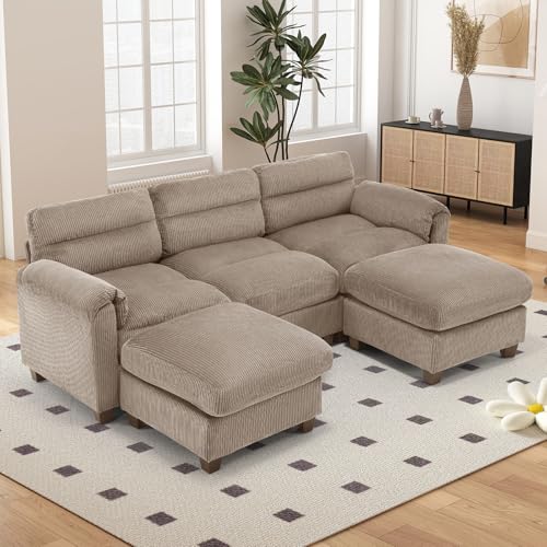 HAOMARKETS 87" Modular Sectional U Shaped Sofa with 2 Movable Ottoman, Corduroy 5-Seater Couches with Thick Cushion for Living Room, Brwon