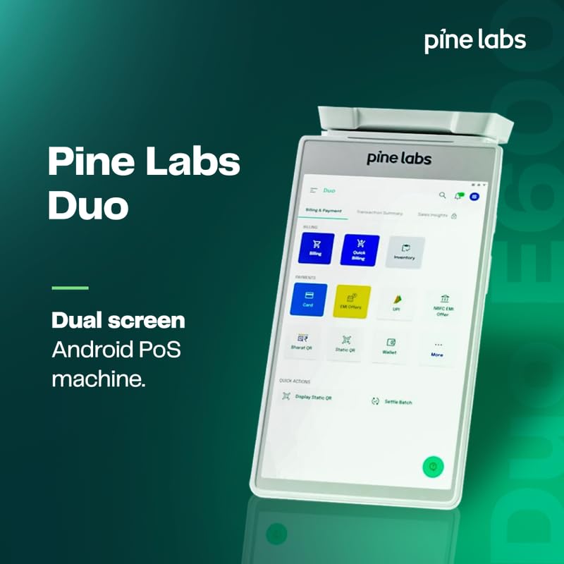 Image of Pine Labs Duo Android POS Machine | Accept All Payments - Credit Card, Debit Card, UPI, QR Code | Dual Touchscreen EDC Machine | Built-in Thermal Printer | 4G + Wi-Fi + Bluetooth | Card Swipe Machine