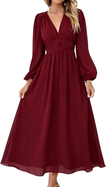 LOZ Womens Long Sleeve Dresses 2026 Summer V-Neck Multicolor Floral Dresses