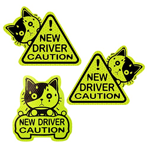 3pcs Reflective Student Driver Magnet, Reusable New Driver Sign New Student Driver Decal Keep Distance Sticker for Car (Worried Cat)