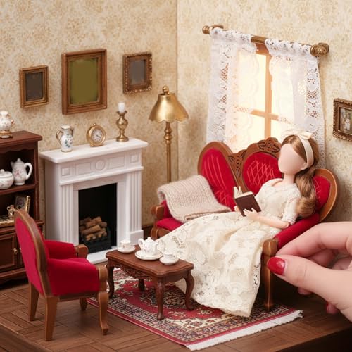 Sofá de casa de muñecas escala 1:12 con madera tallada realista 6