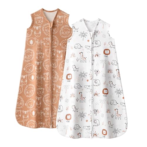 Baby Sleep Sack 12-18 Months, 0.5 TOG Wearable Blanket for Baby Boy and Girl, 2-Way Zipper Toddler Sleeping Bag 2 Pack, Lightweight Sleep Sacks Orange Animal（Large）