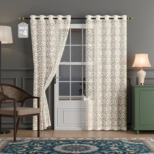 Image of Kuber Industries 4 Pcs Net Cotton 7 Feet Door Curtain Vine Designfor Home Decor | Semi Sheer Grommet Curtains for Living Room /Bedroom | RC317 - Delhi Cream