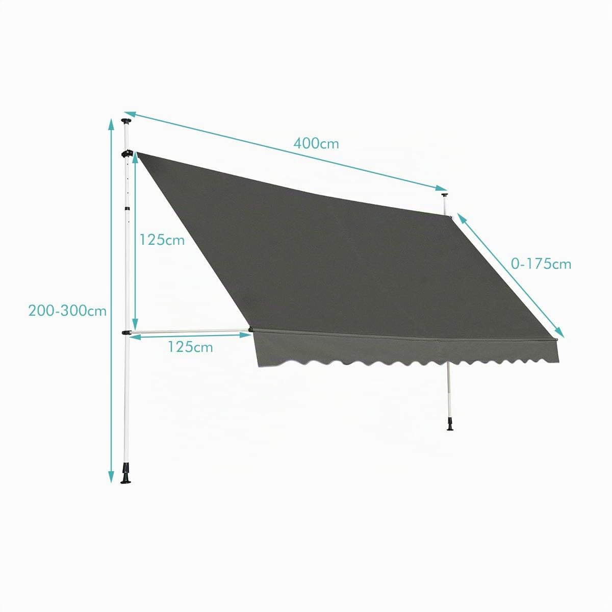 DREAMADE Auvent Rétractable Manuel avec Manivelle, Store Banne avec Tige de Support Réglable en Hauteur, Résistant au Solaire, pour Balcon, Cour, Terrasse de Café, d’Hôtel, de Magasin (Gris, 4M)