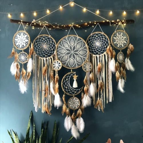 5 Pack Moon Phase Dreamcatcher Set Boho Wall Decor, Boho Macrame Wall Hanging Dream Catchers, for Home, Bedroom, Living Room, Witchy Gifts (Camel)