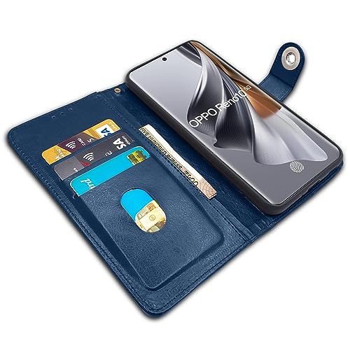Image of Pikkme Oppo Reno 10 5G Flip Cover Leather Finish | Inside TPU with Card Pockets | Wallet Stand and Shock Proof | Complete Protection Button Flip Case (Blue)